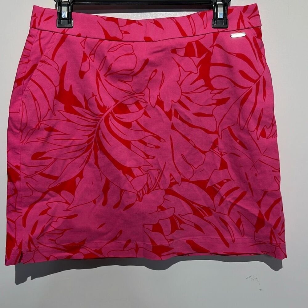 Rafaella Women's Pink Leaf Print Elastic Waist Built-In Shorts Mini Skort Medium